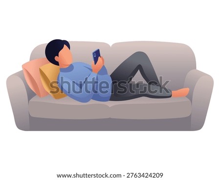 Man Relaxing on Sofa Using Smartphone, Digital Lifestyle and Social Media Browsing Concept Vector Illustration