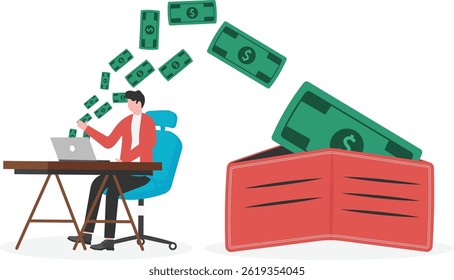 Man relaxing on sofa while money comes out from his laptop, passive income, freelancer, work from home concept,

