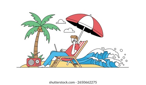Man relaxing on a tropical beach with a palm tree and ocean waves enjoying a summer vacation