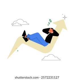 Man Relaxing On Upward Arrow In Flat Vector Illustration Symbolizing Financial Growth, Success, And Investment, Isolated On White Background