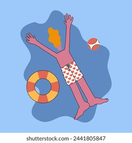 A man relaxing in a pool, floating on his back with a pool float and ball beside him.