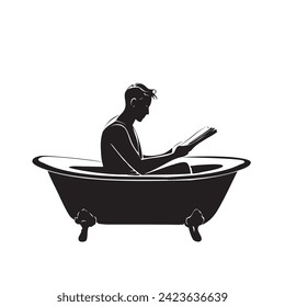 A man is relaxing and reading a book while sitting in the bathroom. Vector illustration without AI
