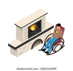Man relaxing in rocking chair with cup of coffee near fireplace isometric vector illustration