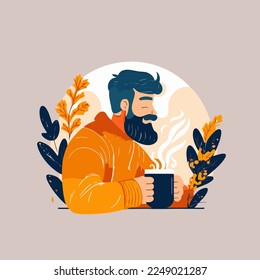 a man relaxing  sitting and drinking hot flavored coffee hygge concept vector flat color illustration