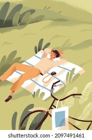 Hombre descansando y durmiendo sobre hierba en las vacaciones de verano. Jóvenes descansando en soledad en naturaleza pacífica. Hombre feliz tirado en una manta al aire libre. El ocio en verano, la vida lenta. Ilustración vectorial plana