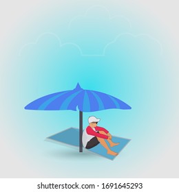 Hombre relajado, tomando el sol bajo una sombrilla, disfrutando de las vacaciones de verano, 