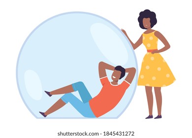 Man Relaxing in Transparent Protective Bubble, Young Woman Trying to Reach Him, Separation from Society Concept Flat Style Vector Illustration