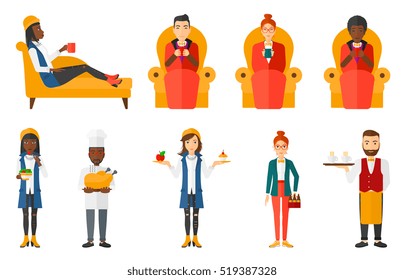 Man relaxing under blanket with cup of coffee. Man drinking coffee at home. Man holding cup of hot flavored coffee. Coffee lover. Set of vector flat design illustrations isolated on white background.