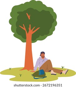 Hombre que se relaja debajo de un árbol en un parque con una mochila