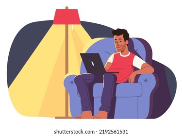 Hombre relajándose con un ordenador portátil en casa. Una persona relajada descansando en un cómodo sillón navegando por Internet. Tecnología, medios, comodidad, entretenimiento de ocio ilustración vectorial plana