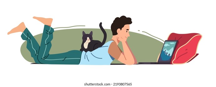 Man relaxing watching movie on computer at home. Person using laptop lying on cozy sofa with cat pet. Online movie entertainment fun, leisure relaxation, domestic comfort flat vector illustration