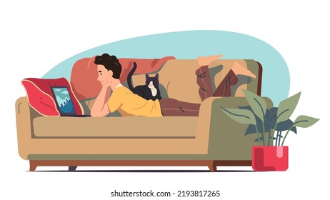 Man relaxing watching movie on computer at home. Person using laptop lying on cozy couch with cat pet. Online movie entertainment fun, leisure relaxation, domestic comfort flat vector illustration