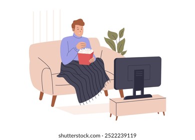 Hombre relajándose viendo una película en el sofá. Ilustración para Sitios web, landing pages, aplicaciones móviles, pósters y Anuncios. Ilustración vectorial plana de moda