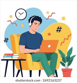 Um homem está relaxando enquanto faz o dever de casa