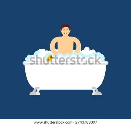 man relaxing in a white bathtub filled with soap bubbles. Concept of male self-care, wellness, and relaxation after work. Flat vector design on a light blue background