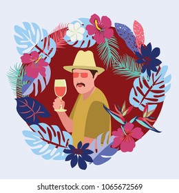 Man relaxing with wine glass in tropical beach. Vector illustration Summer holiday poster. 