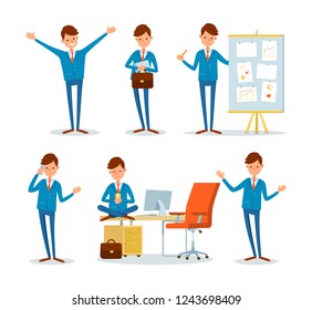 Man relaxing at work during break, office worker vector. Person showing whiteboard with presentation and papers. Business calls to partners clients