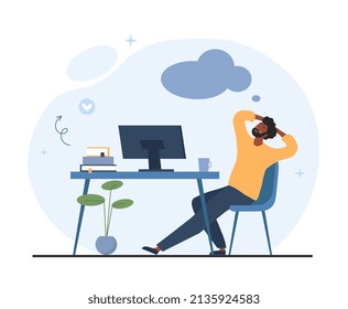 Man relaxing at workplace. Guy sleeping or dreaming, freelancer or lazy employee. Rest and recuperation, emotional exhaustion and overworked manager. Tempolate. Cartoon flat vector illustration