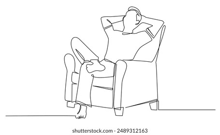 man relaxing,sitting on sofa,enjoying holiday.weekend one line drawing.one line vector illustration.continuous one line drawing.isolated white background