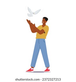 El Hombre Libera Una Paloma Blanca Pura, Simbolizando La Paz Y La Esperanza, Mientras Se Inundaba En El Cielo, Llevando Un Mensaje De Armonía Y Unidad. Paloma de liberación de caracteres masculinos negros. Ilustración de vectores de personas de caricatura