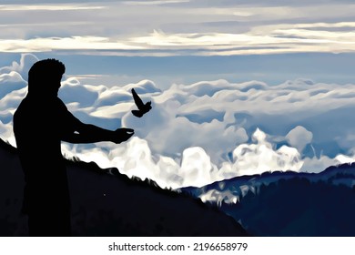 Man Releasing A Bird Vector Illustration, Freedom Concept, Bird Set Free. Bird Released From Hands. Servitude