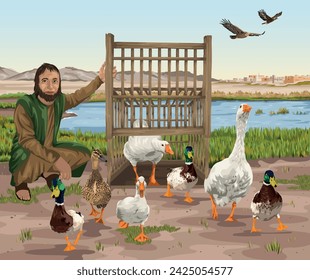 Man releasing ducks and geese from wooden bird cage, by the water, away from the city, while eagles fly overhead.  Christian allegory image to go with Psalm 91:9.