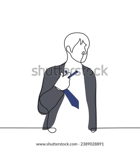 man releasing his tie's grip on tie - one line art vector. concept of loosen necktie, tight neck, end of the working day