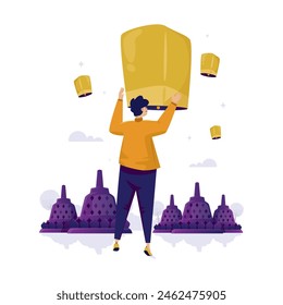 A man releasing lantern, Happy Vesak day, Buddhist festival celebration flat vector illustration