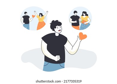 Man remembering important family experience in past. Marriage proposal, birth of child in persons memory flat vector illustration. Love, life concept for banner, website design or landing web page