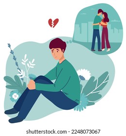 man remembers relationships and love with a woman, separation longing for love. flat vector illustration. Relationship and healthcare concept for banner, website design or landing web page
