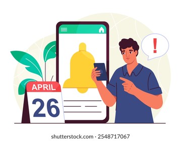 Hombre con recordatorio. Chico joven con smartphone con campana y calendario. Gestión del tiempo, planificación y programación. Alarma y notificación. Ilustración vectorial plana aislada sobre fondo blanco