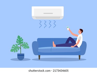 Man remote control air conditioner in living room in flat design.