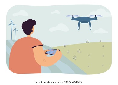 Man with remote control launching drone. Flat vector illustration. Cartoon male character controlling drone flying over field. Modern technology, video, hobby, robotics concept for banner design