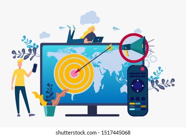 A man with a remote control watches an advertisement on a television. New advertising technologies, focus on the concept of television marketing. Colorful vector illustration