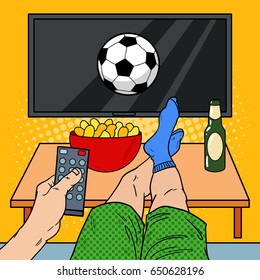 Man with Remote Control Watching Football on TV in Living Room. Pop Art vector illustration