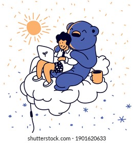 A man at a remote job is lying on a cloud behind a laptop, with a large plush bear hugging him from behind.