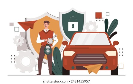 Hombre con llave remota para el coche. Joven con automóvil. Transporte y vehículo. Tecnologías e innovaciones modernas. Ilustración plana del vector de la historieta aislada sobre fondo blanco