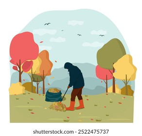 A man removes fallen autumn leaves with a rake against a beautiful landscape. Vector illustration.