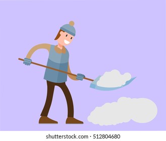 man removes snow shovel vector flat. schematic