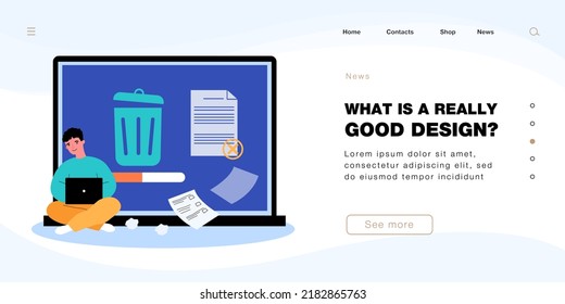 Man removing data files or documents to trash bin. Tiny person cleaning laptop with cleansing app flat vector illustration. Software, service concept for banner, website design or landing web page