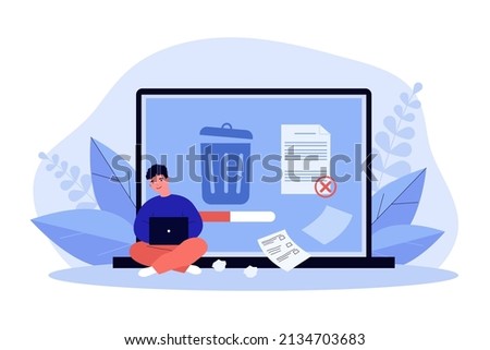 Man removing data files or documents to trash bin. Tiny person cleaning laptop with cleansing app flat vector illustration. Software, service concept for banner, website design or landing web page