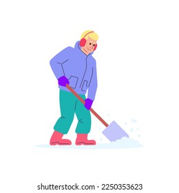 Hombre quitando la nieve con la ilustración del vector de palas. Concepto de pala de nieve. Diseño de estilo plano. Gráficos coloridos