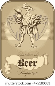 Man in renaissans costume with beer mug. Beer template design.