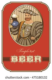 Man in renaissans costume with beer mug. Beer template design.