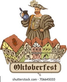 Man in renaissans costume with beer mug and medieval town. Vector illustration