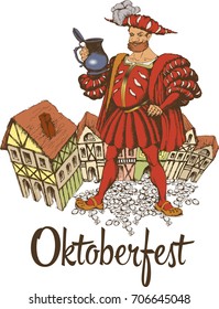 Man in renaissans costume with beer mug and medieval town. Vector illustration