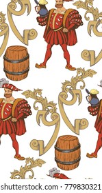 Man in renaissans costume with beer mug. Beer template design.
