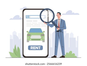 Man rent car. Businessman with magnifying glass near smartphone with automobile. Car sharing mobile application. Urban infrastructure and service. Transport and vehicle. Flat vector illustration