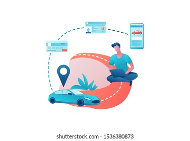 Man rent car by smartphone, automobile share, businessman order ride, rental service template, mobile app concept, driving license, bank card, transport sharing concept, flat vector design