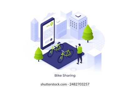 Man renting bicycle via mobile app on city street. Bike sharing concept isometric vector illustration. Riding eco friendly vehicle for mobility at urban site cartoon character colour composition